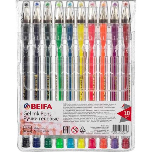 Ручки гелевые 10 цв: сменный стержень 131 мм, шарик 0,7 мм, линия 0,5 мм, "Beifa"