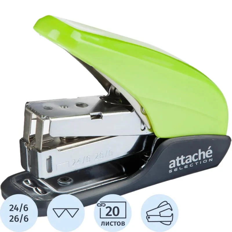 Степлер энергосберегающий "Forest" , до 20 л, №24/6, 26/6, глубина 35 мм, загрузка 40 скоб, пластиковый корпус, металлический антистеплер, "Attache Selection"