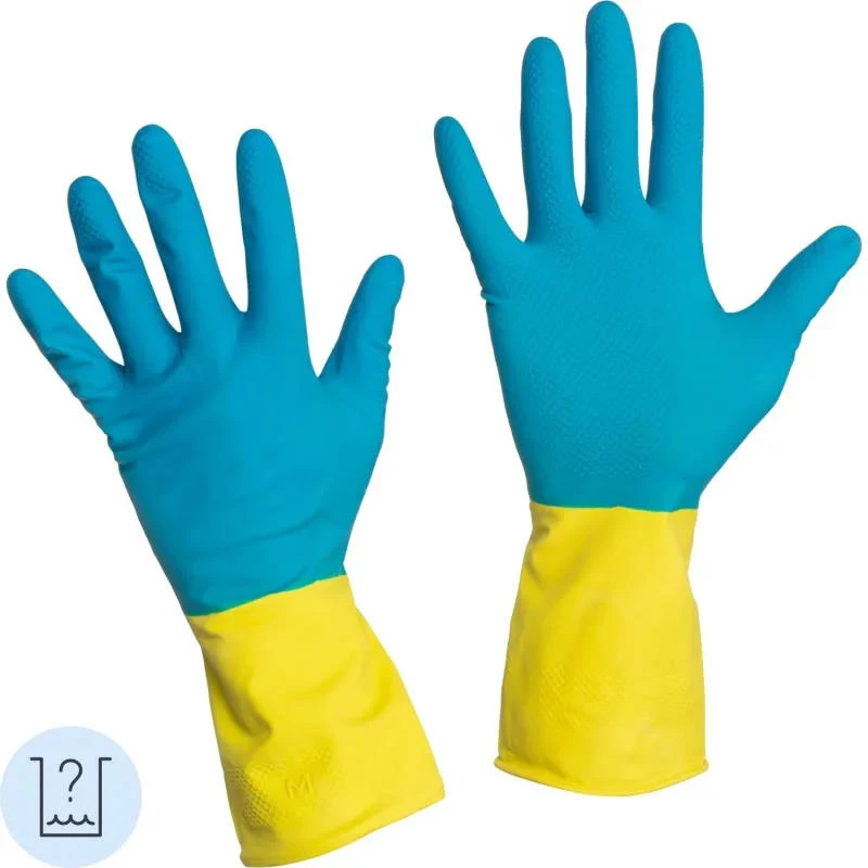 Перчатки хозяйственные, двухцветные "Gloves Lux BICOLOR", латекс 0,3 мм, рифленая поверхность