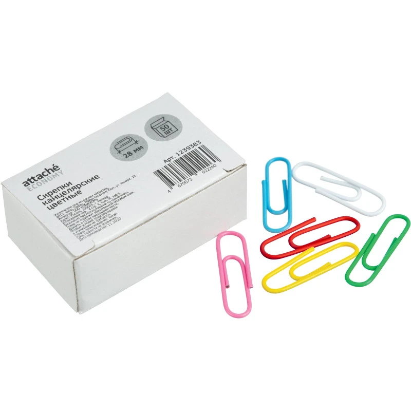 Скрепки 28 мм, 50 шт, округлые, металлические, цветное полимерное покрытие, картонная упак, "Attache"