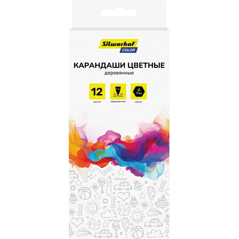 Карандаши заточенные 12 цв, 175 мм, d-7,2 мм, шестигранные, дерево, картонная упак, "Silwerhof"