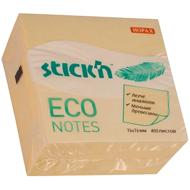 Блок для записи "Stick`n ECO" бумажный 400 л, желтый, липкий слой, 76*76 мм, 60 г/м2, "Hopax"