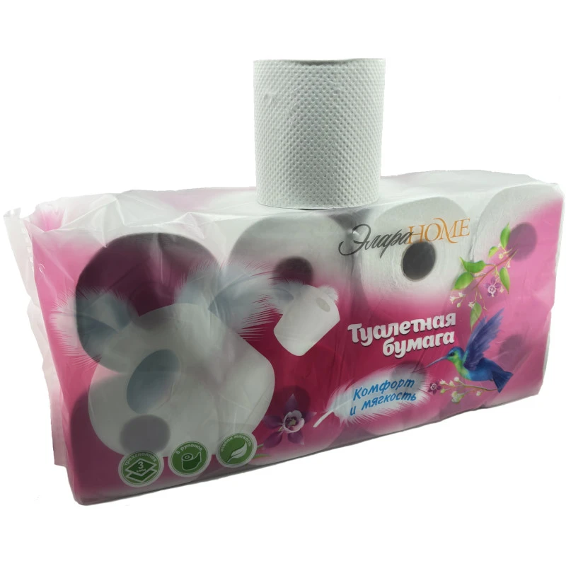 Бумага туалетная 3-х слойная 3*13 г/м2, 160 л, 85*122 мм, 19,5 м, втулка d 25 мм, рулон d-82 мм, тиснение, перфорация, упак. 8 рул, "ЭлараHome"