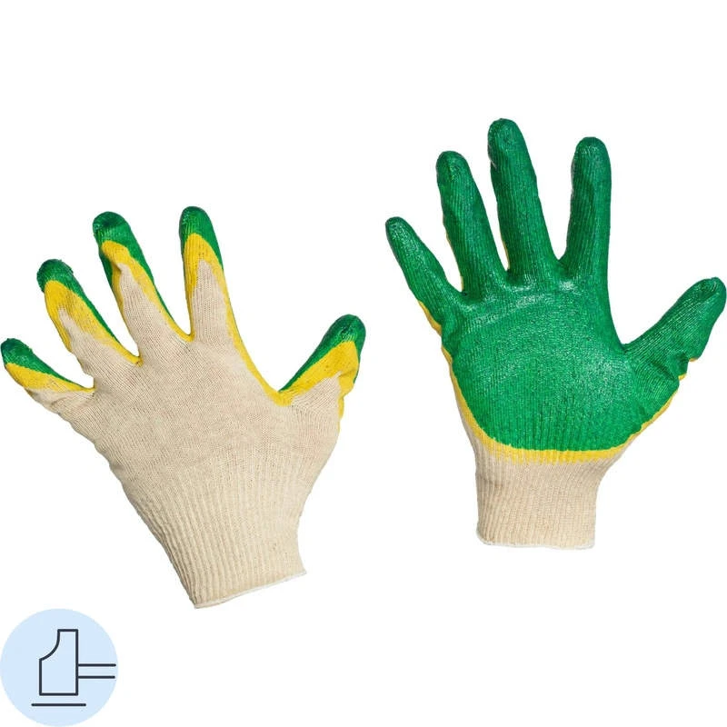 Перчатки трикотажные защитные, двойная латексная заливка, желтый/зеленый, 13 класс