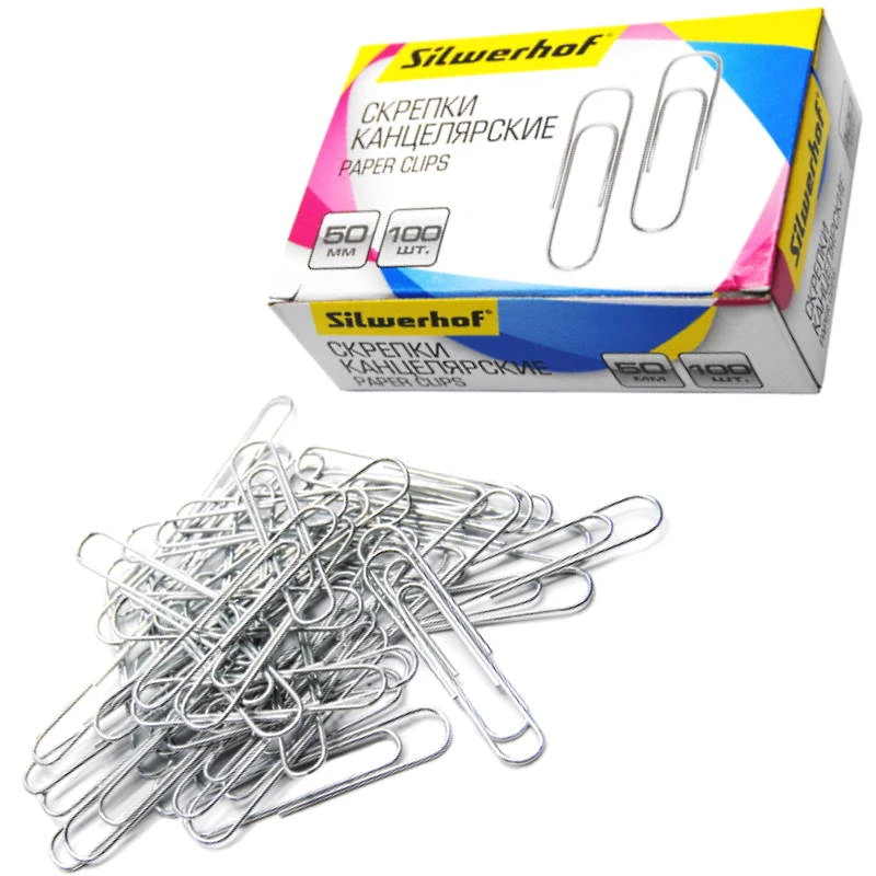 Скрепки 50 мм, 100 шт, округлые, металлические, оцинкованные, картонная упак, "Silwerhof"