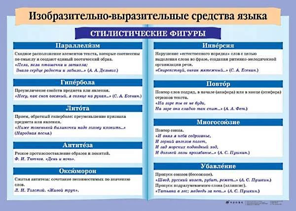Зинина Е.А. Изобразительно выразительные средства языка (стилистические фигуры) / Зинина Е.А. Роды литературы (способы изображения действительности). Жанровая система. - ф.140*100 см. - М.: Дрофа, 2004. - Глянцевая двухсторонняя карта.