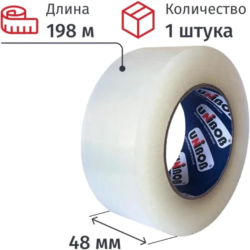 Скотч "400" 48 мм*198 м, 40 мкм, прозрачный бесцветный полипропилен, акриловая эмульсия, "UNIBOB"