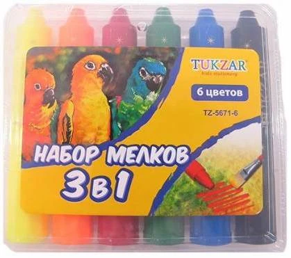 Мелки пастельные 3 в 1, 6 цв. акварельные, пальчиковые, 98*13 мм, пластиковый выкручивающийся корпус, пластиковый пенал, "Tukzar"