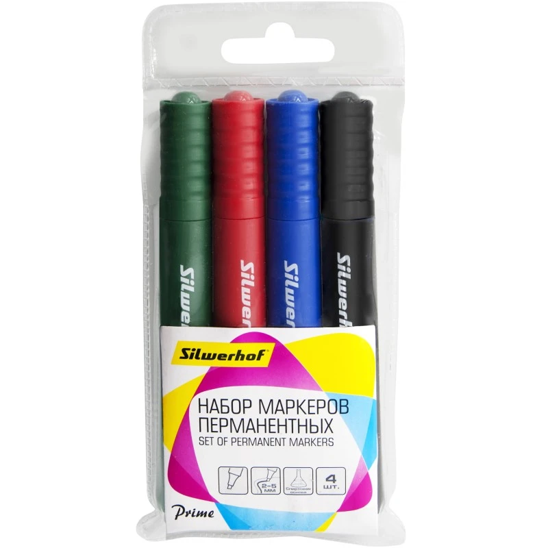 Набор маркеров "Prime" 4 цв, перманент, линия 2-5 мм, скошенный наконечник, "Silwerhof"