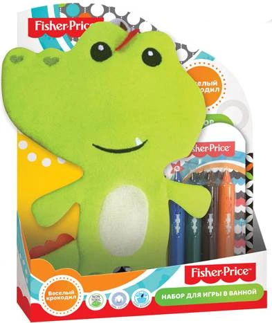 Мочалка "Веселый крокодил" + 6 мелков: набор для игры в ванне, "Fisher Price"