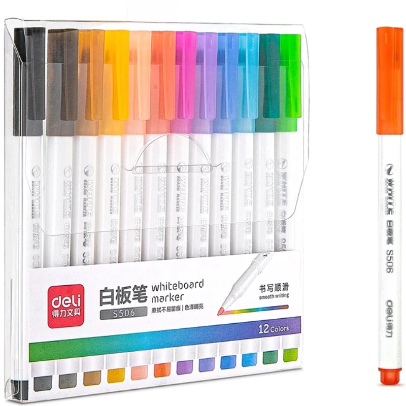 Маркеры для доски 12 цв, линия 1-3 мм, круглый наконечник, "Deli"