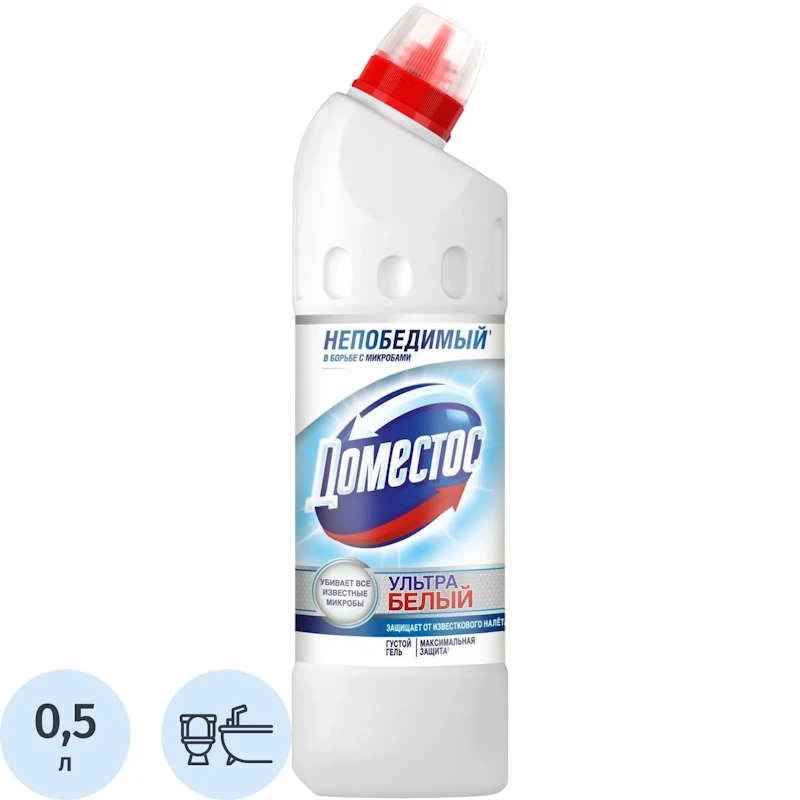 Чистящее средство "DOMESTOS Ультра-белый", хлор менее 5%, гель 500 мл.
