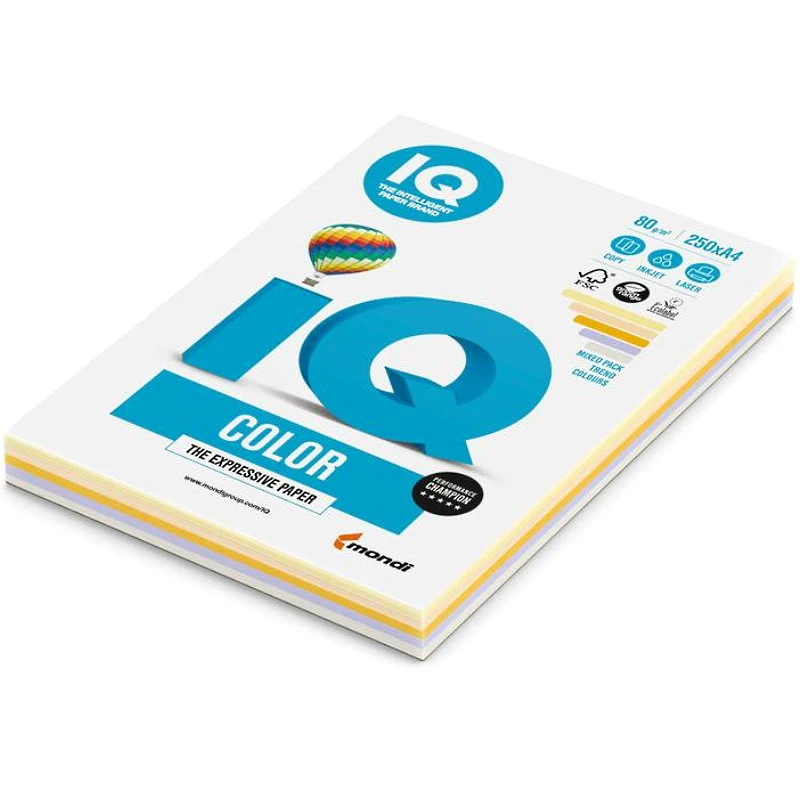 Бумага цветная для офисной техники "IQ COLOR" 250 л. ф.А4 (210*297 мм), 80 г/м2, 5 контрастных цветов по 50 листов,