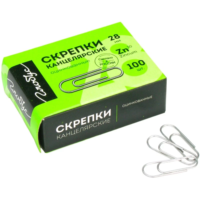 Скрепки 28 мм, 100 шт, округлые, металлические, оцинкованные, картонная коробка, "Глобус"