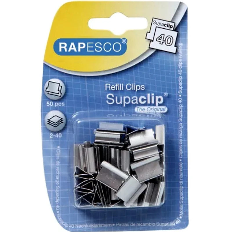 Зажимы сменные "SUPACLIP", 16 мм, до 40 л, 50 шт, сталь, блистер, "Rapesco"