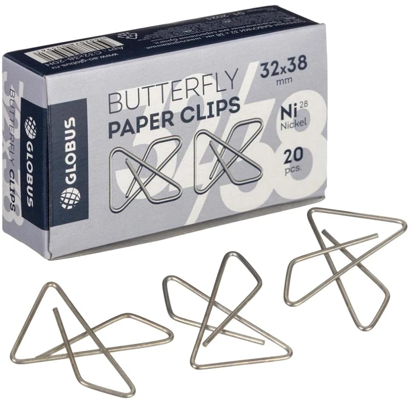Скрепки бабочка 38*38 мм, 20 шт, металлические, никелированные, картон. кор, "Attache"