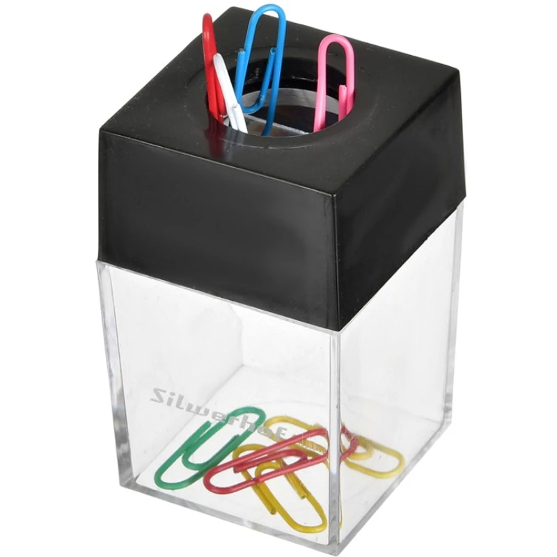 Скрепочница квадратная + 10 шт. цветных скрепок 28 мм, магнит в крышке, пластик, 68*42*42 мм, "Silwerhof"