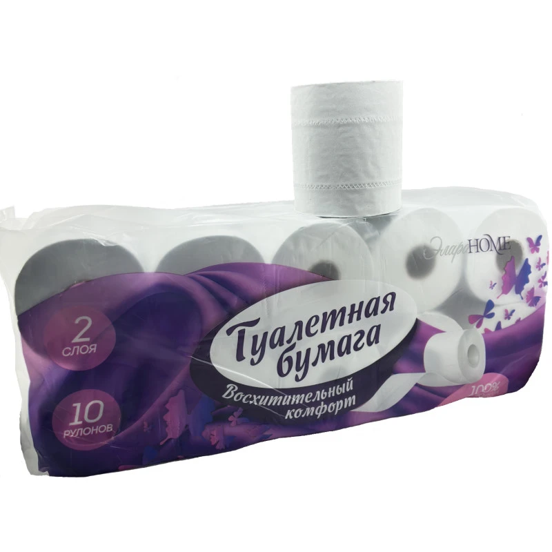 Бумага туалетная 2-х слойная 2*13 г/м2, 274 л, 123*89 мм, 33,7 м, втулка d 25 мм, рулон d-80 мм, тиснение, перфорация, упак. 10 рул, "ЭлараHome"