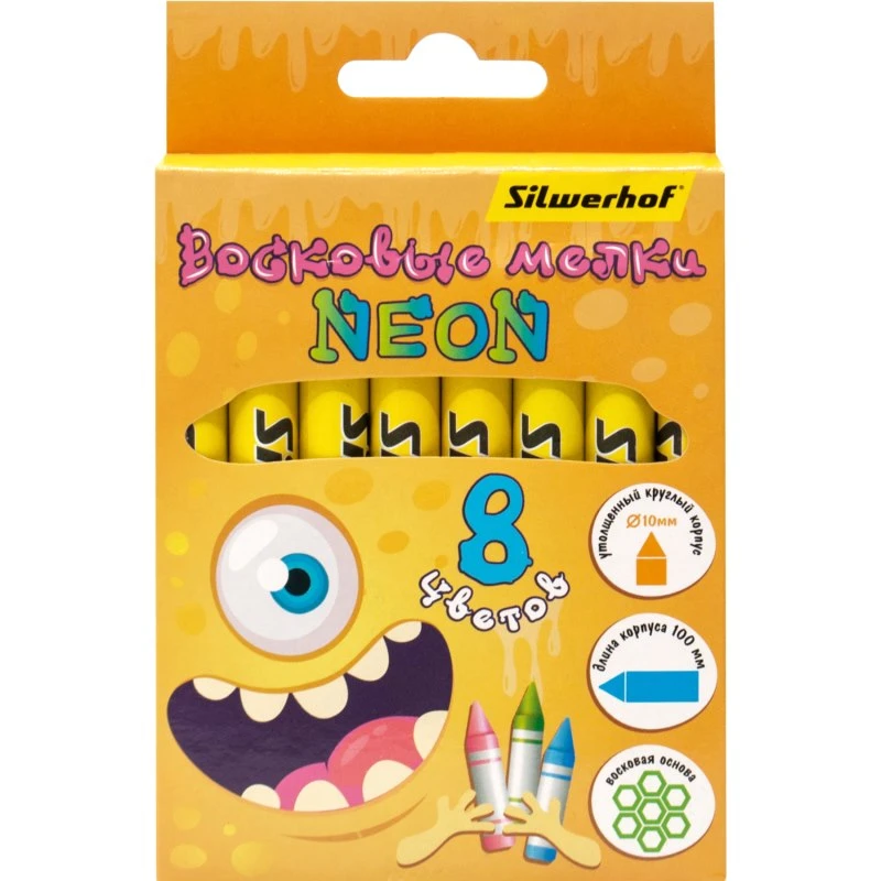 Мелки восковые "Неон" 8 цв, круглые, 100*10 мм, бумажная оболочка, картонная упак, "Silwerhof"