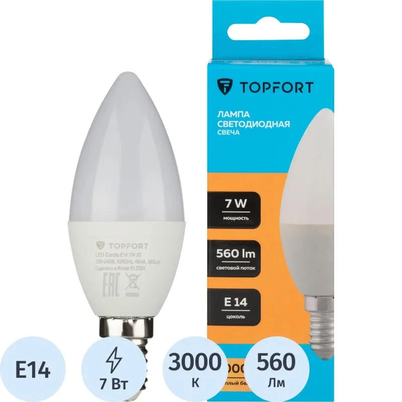 Лампа светодиодная 7W, "свеча", E14, 3000К, теплый белый, 25000 ч, "Topfort"