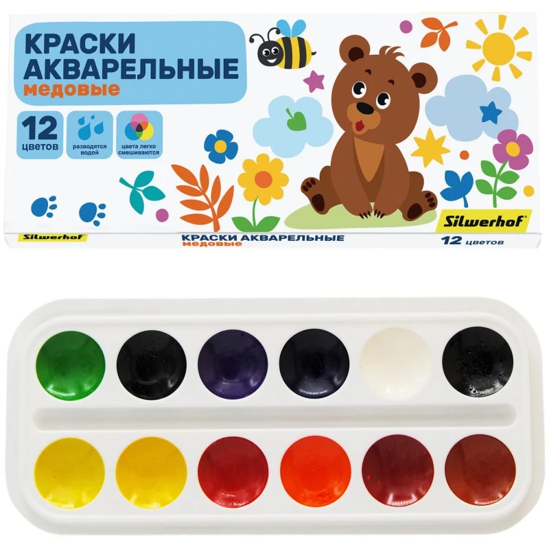 Медовая акварель 12 цв, кювета 2,5 г, без кисти, картон уп, "Silwerhof"