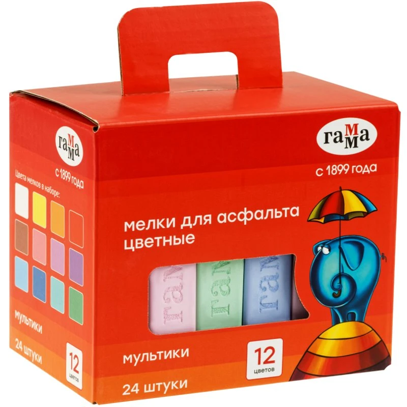 Мелки цветные для асфальта 12 цв, 24 шт, 92*18*18 мм, картон уп, "Гамма"