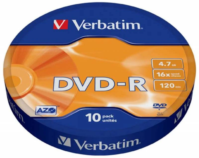Диск лазерный записываемый DVD-R, 4,7 ГБ, 16х, 120 мин, пластиковая туба, 10 шт, "Verbatim"