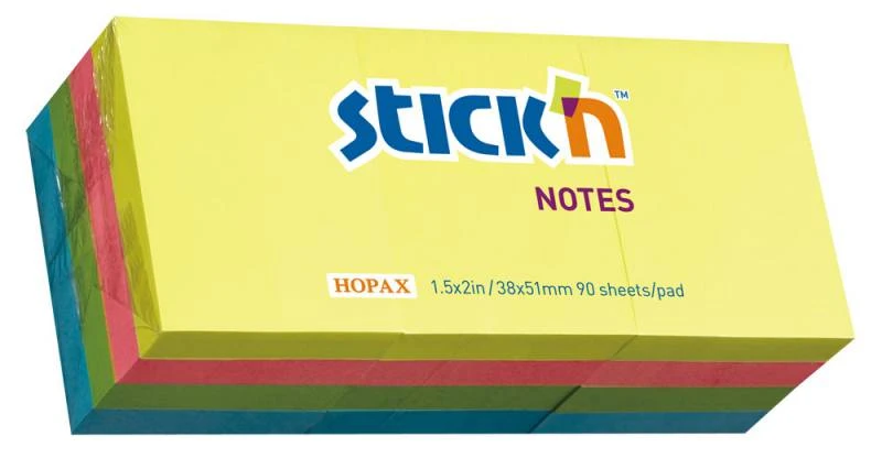 Набор бумажных неоновых блоков 12 шт.*100 л, 4 цвета, липкий слой, 38*51 мм, 70 г/м2, "Hopax"