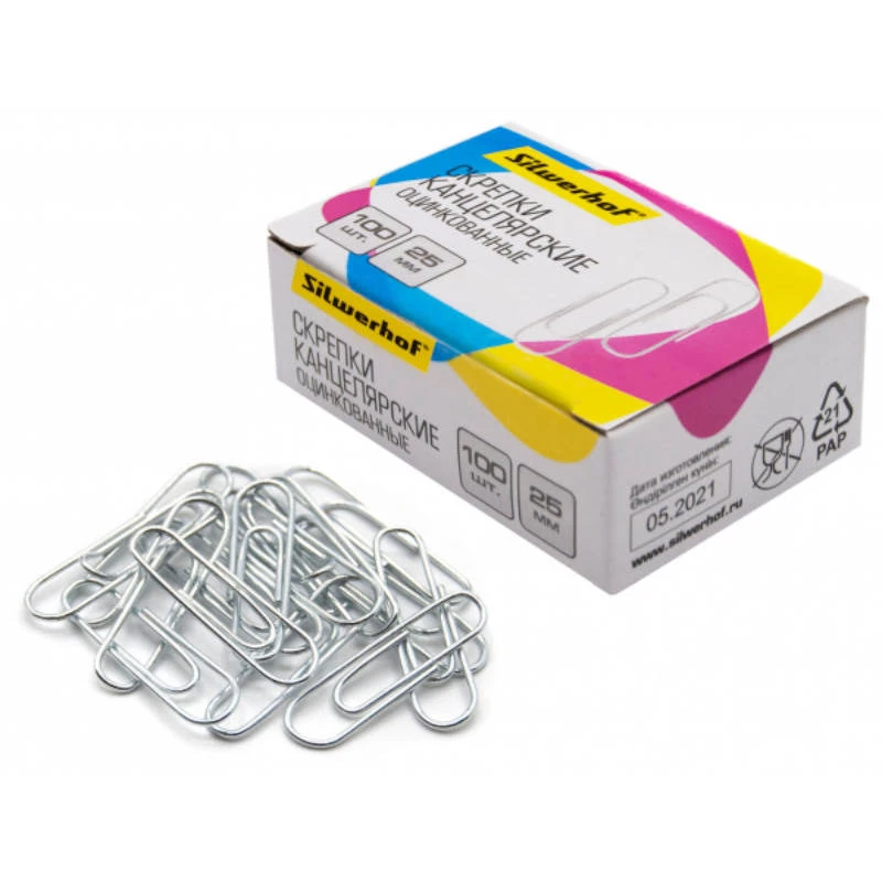 Скрепки 25 мм, 100 шт, округлые, оцинкованные, картон. упак, "Silwerhof"
