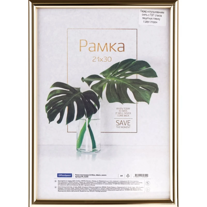 Рамка настенная "Basic", багет 14 мм, пластик, вставка - акрил, 210*300 мм (А4), "OfficeSpace"