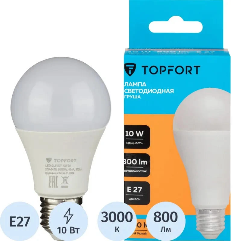 Лампа светодиодная 10W, "груша", E27, 3000К, теплый белый, 25000 ч, "Topfort"
