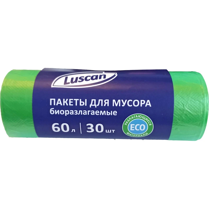 Мешки для мусора 60 л, 580*680 мм, ПНД 12 мкм, биоразлагаемые, зеленый, рулон 30 шт, "Luscan"