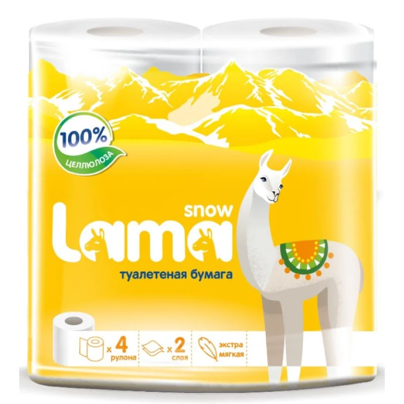Бумага туалетная "Snow Lama", 2-х слойная 2*16 г/м2, 140 л, 95*125 мм, 17,5 м, втулка d-45 мм, рулон d-95 мм, тиснение, перфорация, упак. 4 рул