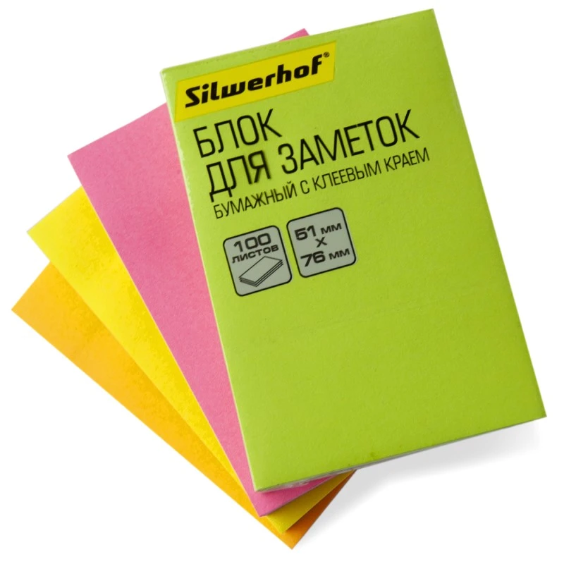 Блок для записи, бумажный 100 л, неон, липкий слой, 51*76 мм, 75 г/м2, "Silwerhof"