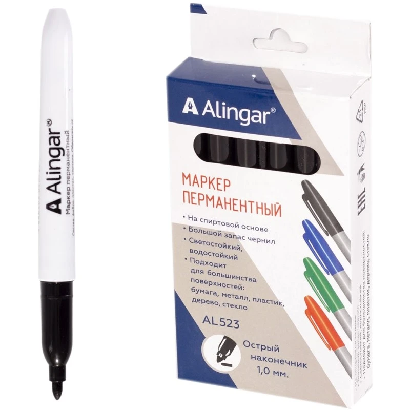 Маркер перманент, линия 1-2 мм, круглый наконечник, "Alingar"