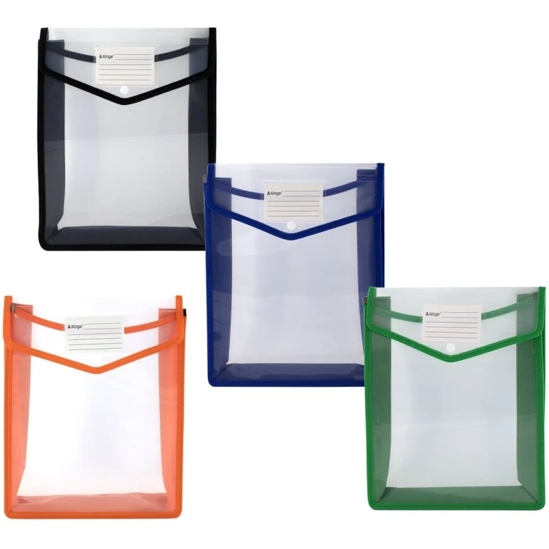 Папка для бумаг вертикальная ф.А4, кнопка, карман для визитки, пластик 450 мкм, тканевая окантовка, 250*330*75 мм, "Alingar"