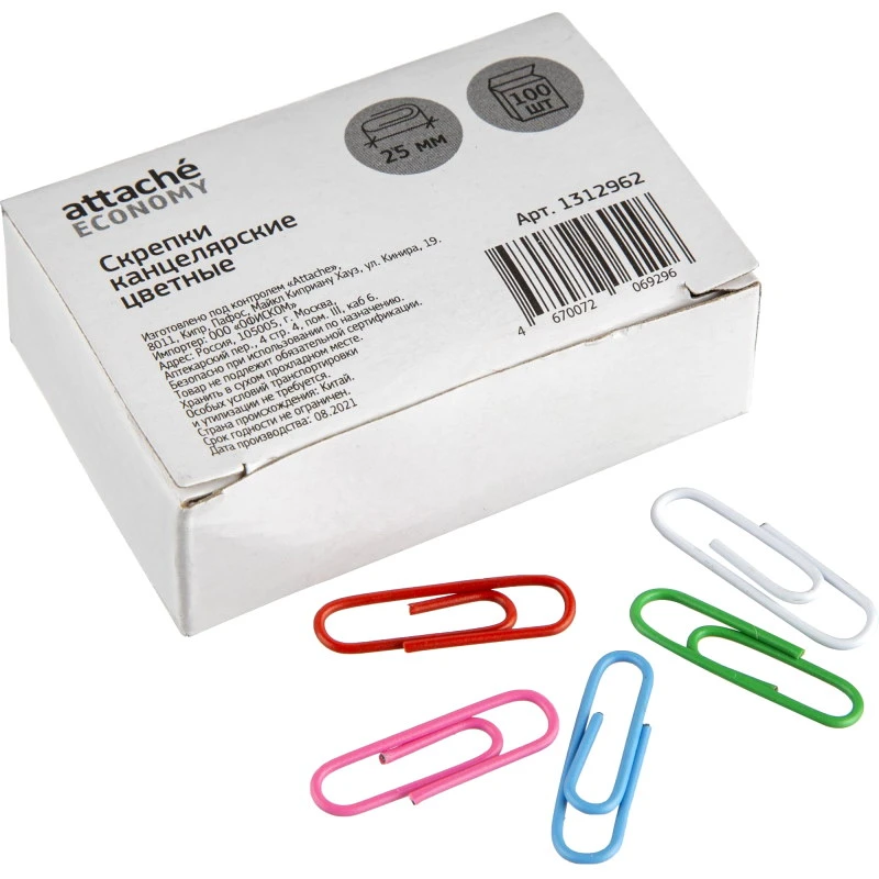 Скрепки 25 мм, 100 шт, округлые, металлические, цветное полимерное покрытие, картонная упак, "Attache"