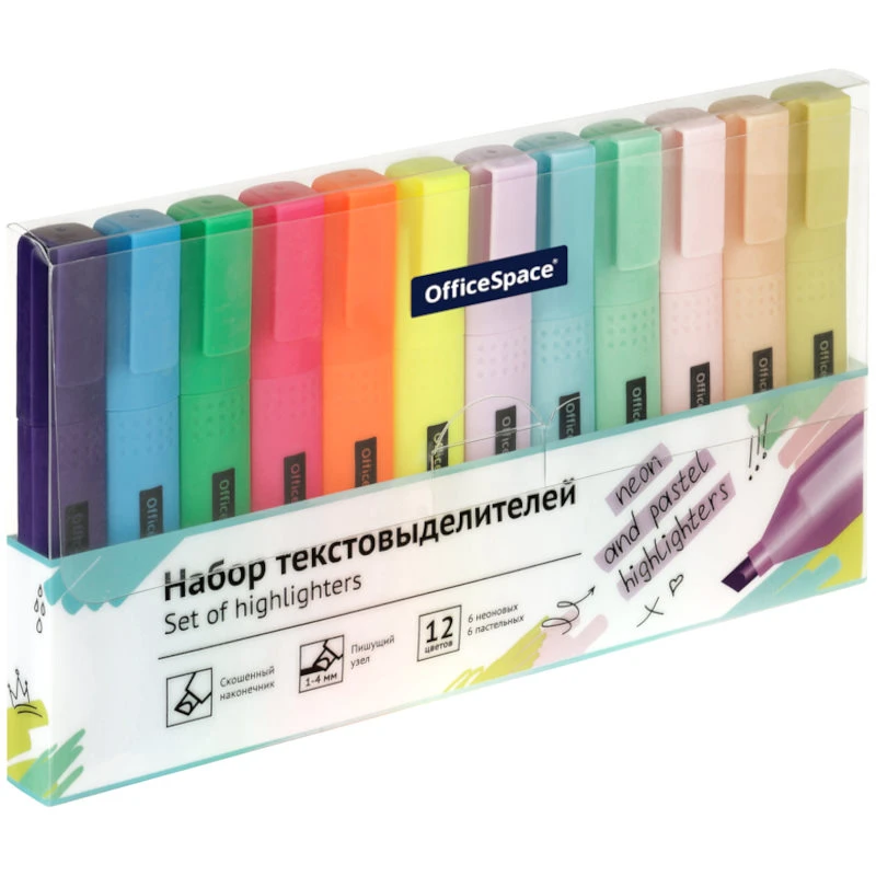 Текстовыделители 6 пастельных цв. + 6 неоновых цв, водная основа, линия 1-4 мм, скошенный наконечник: "OfficeSpace"