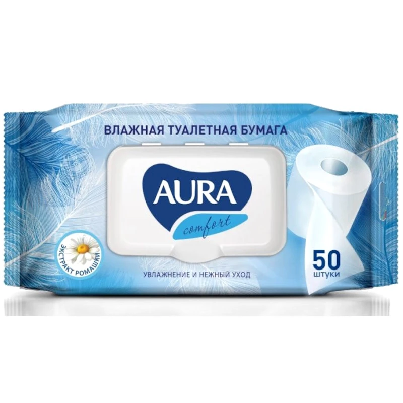 Туалетная бумага влажная 170*150 мм, пластиковый клапан, упак. 50 шт, "Aura Ultra Comfort"