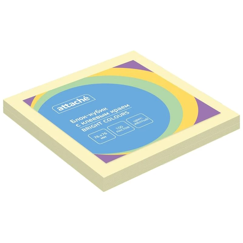 Блок для записи, бумажный "Bright Colours" 100 л, пастель, липкий слой, 76*76 мм, 62 г/м2, "Attache"