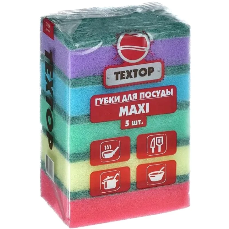 Губка для посуды "Мега", поролон/абразивный слой, 115*75*32 мм, упак. 5 шт, "Textop"