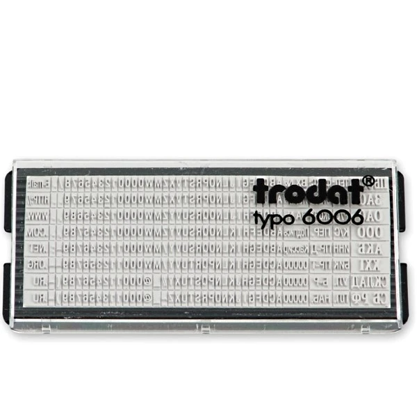 Для самонаборной печати: буквы: русские сокращения, латинский алфавит, цифры, шрифт 2,2 и 3,1 мм, 312 символов, "Trodat"