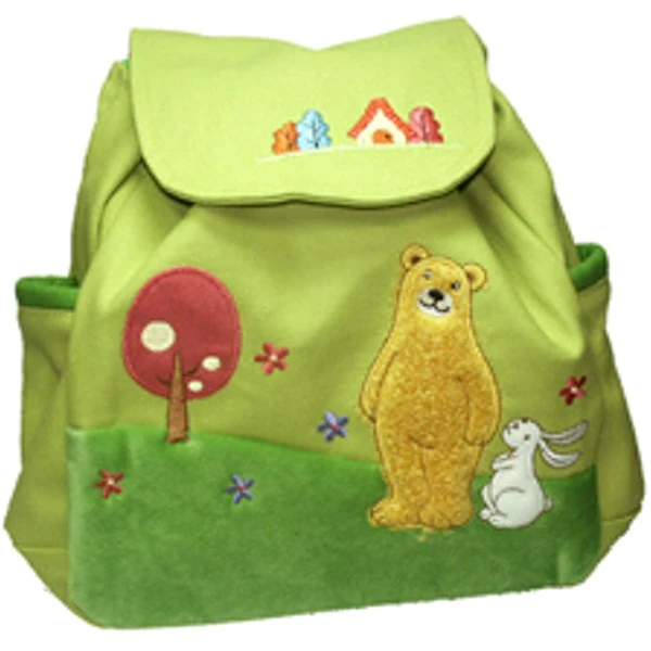 Рюкзак детский "Мишка и заяц", шнурок, клапан, липучка, красный с салатовыми вставками и объемной вышивкой, 300*310 мм, "EaSTar"
