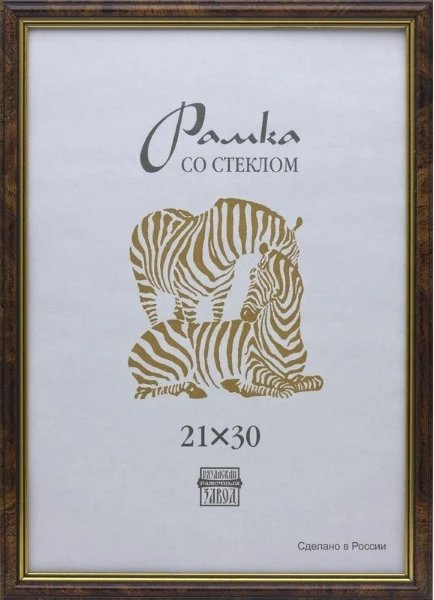 Рамка настенная, багет 15 мм, пластик темный орех/золото/стекло, 210*300 мм (А4), "Зебра"