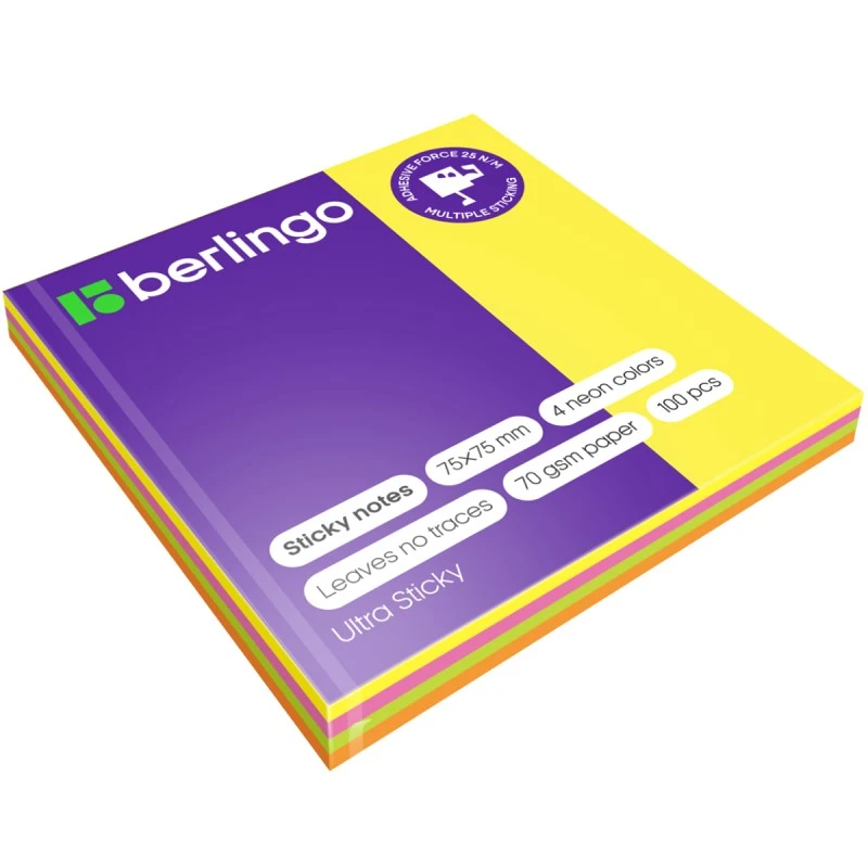 Блок для записи бумажный "Ultra Sticky" 100 л, 4 цв. неон, липкий слой, 75*75 мм, 70 г/м2, "Berlingo"