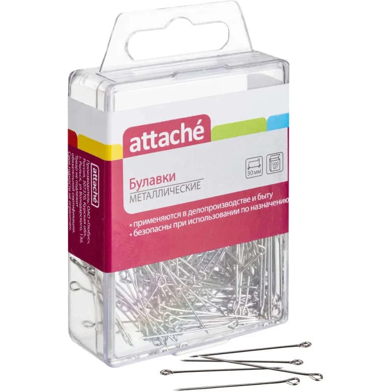Булавки металлические, ушко, игла 30 мм, уп. 500 шт, пластиковый бокс, "Attache"