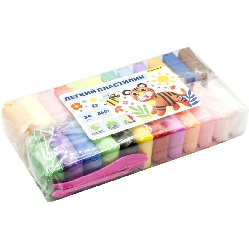 Легкий пластилин 24 цв, по 15 г, 3 стека, пакет, "Silwerhof"