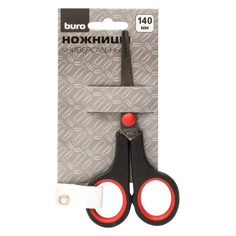 Ножницы 140 мм, лезвие 75 мм, нержавеющая сталь, симметричные пластиковые ручки, резиновые вставки, "Buro"