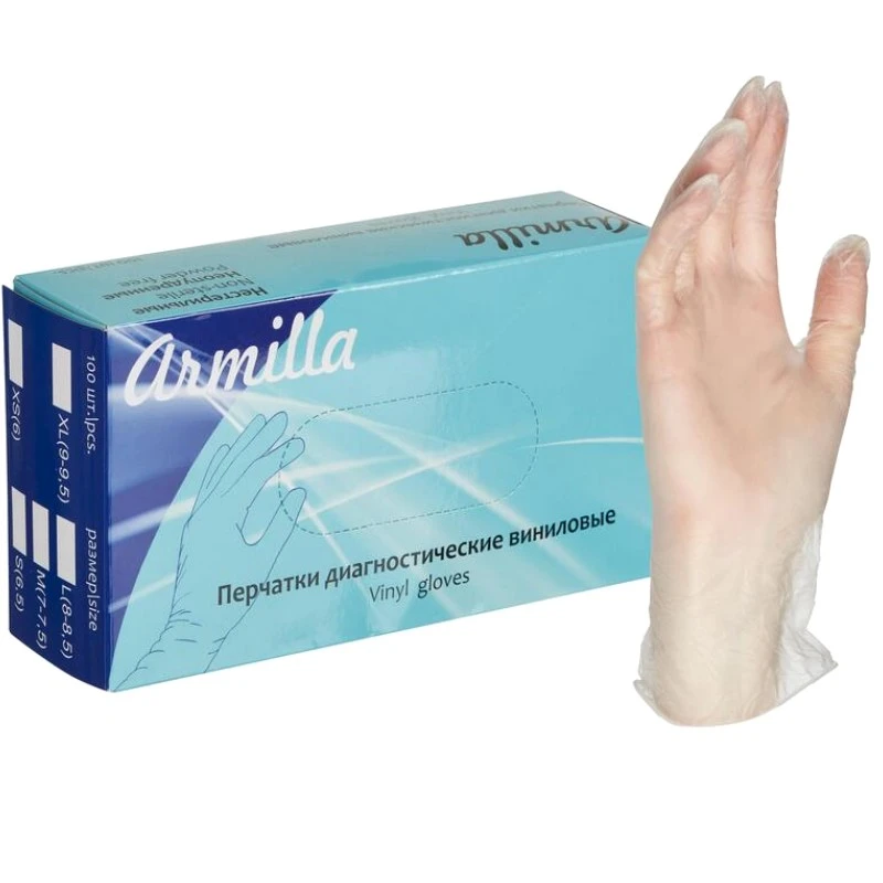 Перчатки виниловые, неопудренные, прозрачные, упак. 50 пар, "Armilla"