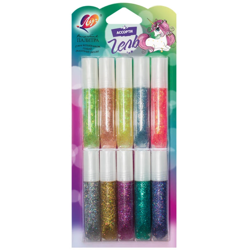 Гель с блестками, 10 цв, туба по 5 мл, блистер, "Луч"